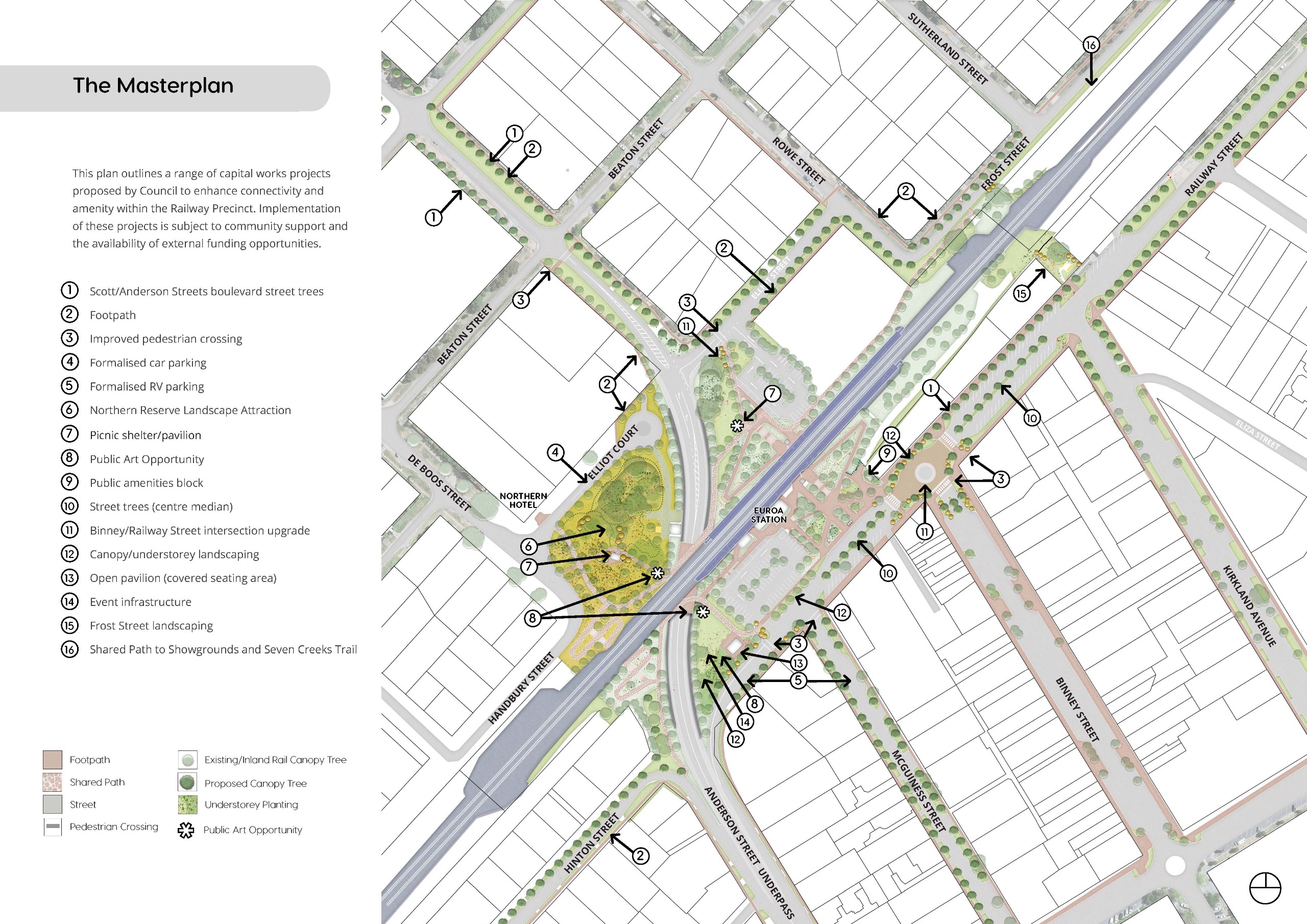 A birds eye view plan that shows the Euroa Railway Precinct Masterplan